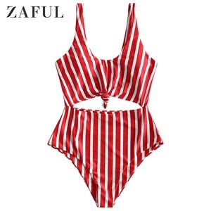 ZAFUL Red Striped Knotted Monokini Swimsuit